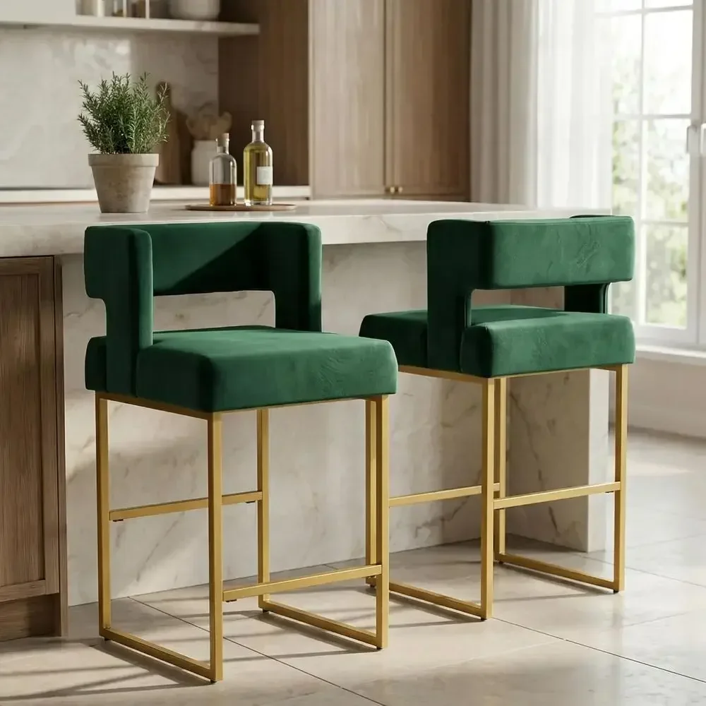 Home Bar Stools - 2'li Set Yeşil Kadife Bar Taburesi,